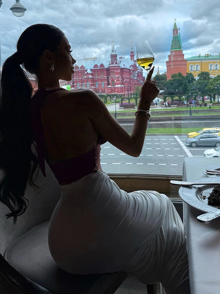 Halter Ruched Dress Women Bandages Sexy Patchwork Backless Thin Slit Summer Clubwear Birthday Party Ruched Vestidos