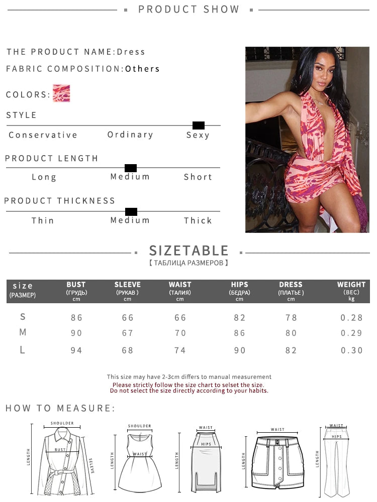 Sexy Halter Backless Dress Women Trend Air Print Deep V-Neck Ruched Bandages Peach Hip Trend Vacation Party Clubwear