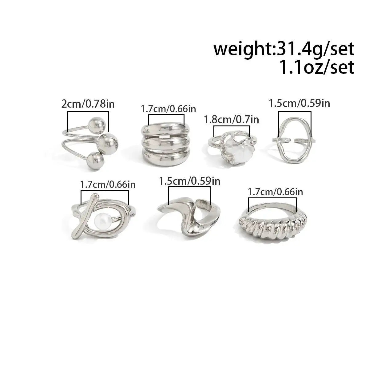 7Pcs/Set Exquisite Irregular Imitation Pearl Open Rings Kpop Trend Silver Color Adjustable Metal Finger Ring Daily Jewelry