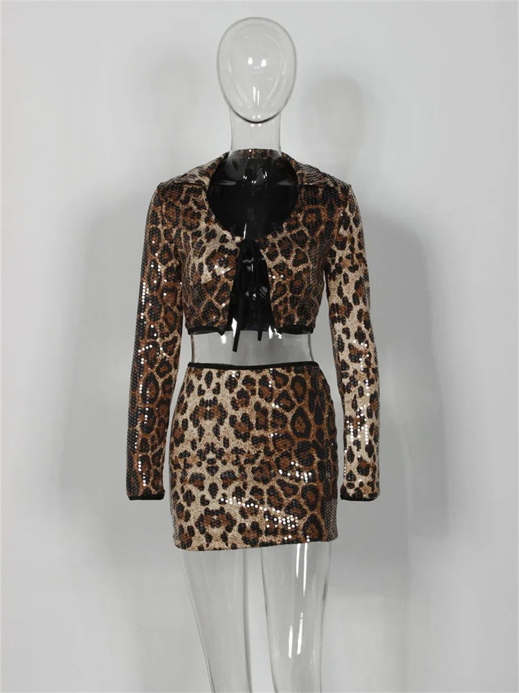 Leopard Print Sexy Wild 2 Piece Set Women Shiny Sequins Low-Neck Shirring Splits Tops+Skinny Skirts Club Party Suits