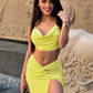 Elegant Solid Women 2 Piece Set Summer Trend Swing Collar Camisole+Knot Split Skirts Matching Skinny Clubwear Outfits