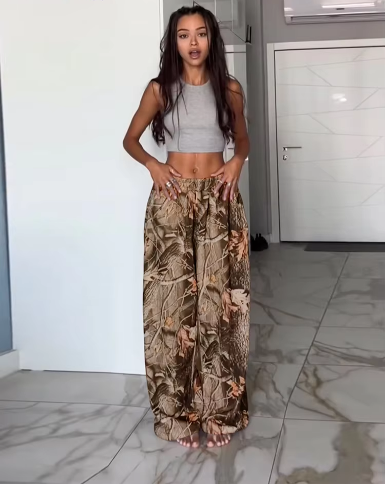 Foliage Print Wide Pants Women Autumn Vintage Hipster Y2K Fashion Wild Casual Loose Streetwear Style Skinny Trousers