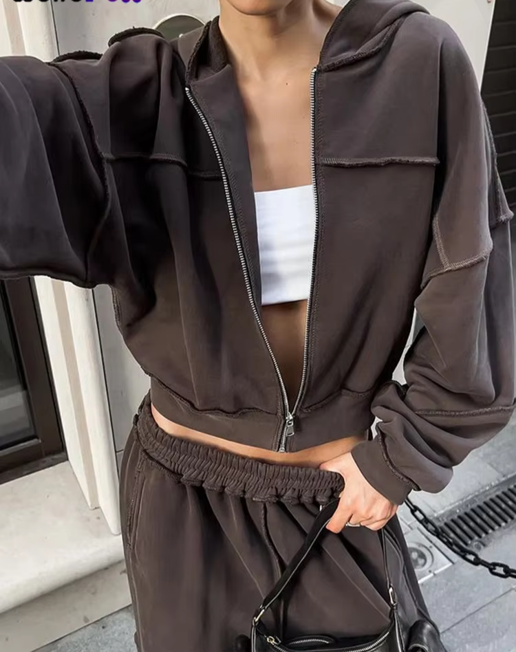 Casual Tracksuit Women 2 Piece Set Panelled Stripes Sporty Simple Hipster Hooded Zip Jacket+Wide Pants Matching Suits