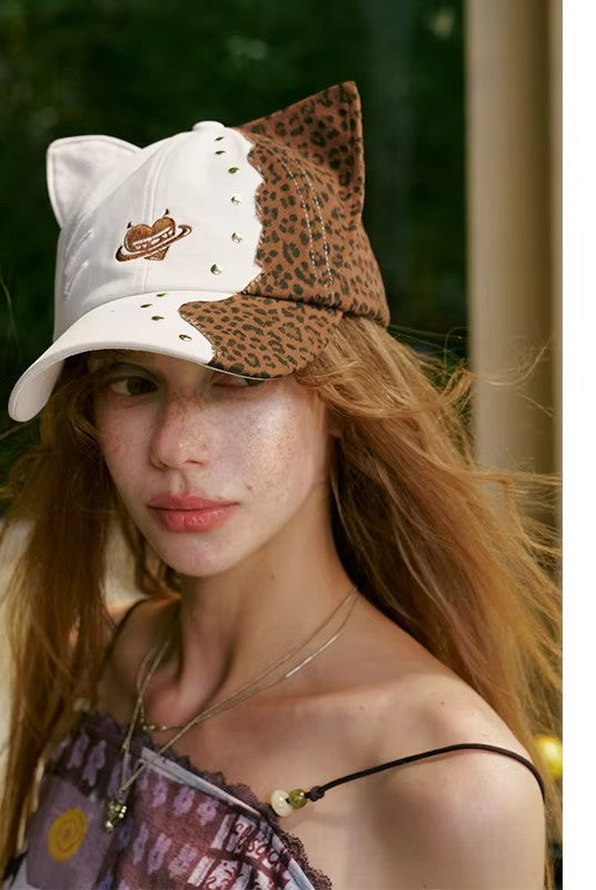 Asymmetrical Cat‑Ear Leopard Studded Baseball Cap with Embroidery Detail, Y2K Stylish Sun Hat for Street