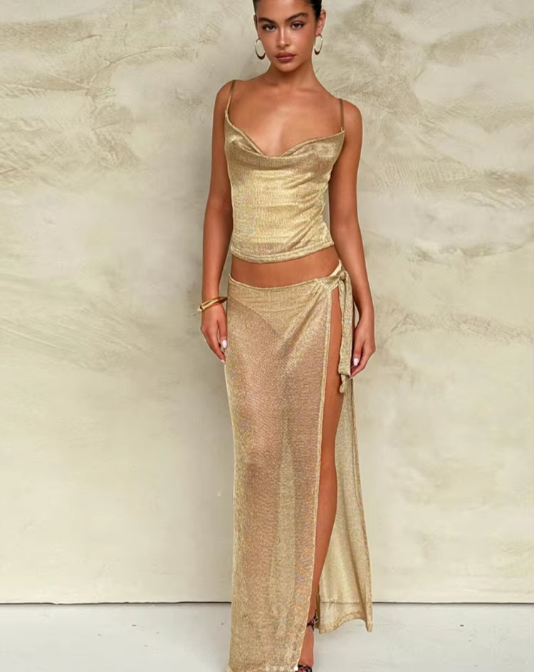 Sexy See Through 2 Piece Set Women Summer Vacation Gold Wire Swing Collar Camisole+Wrapped Skirts Matching Clubwear