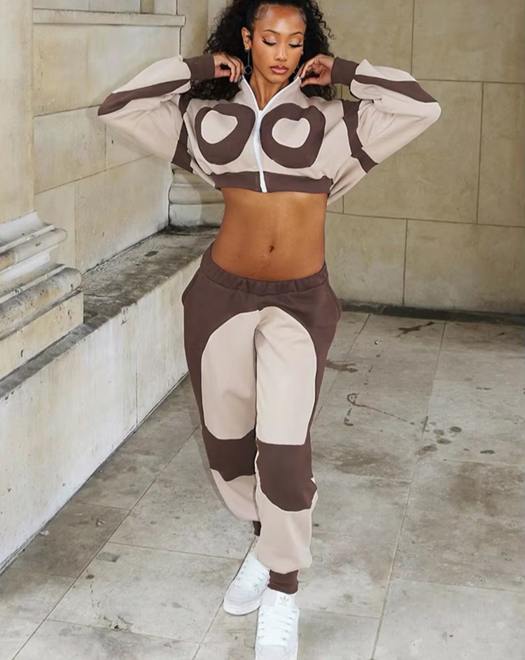 Sporty 2 Piece Set Contrast Hooded Zip Crop Sportswear+Harem Pants Casual Stretch Streetwear Fall Trend Matching Suit