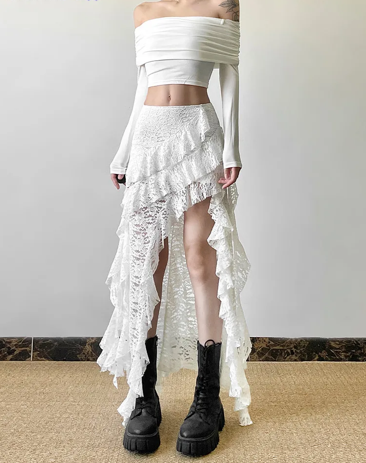 Tassels Women Skirts Chic Irregular Hem Multi-Layered Ruffles Lace Patchwork Summer Trend Skinny Versatile Bottoms