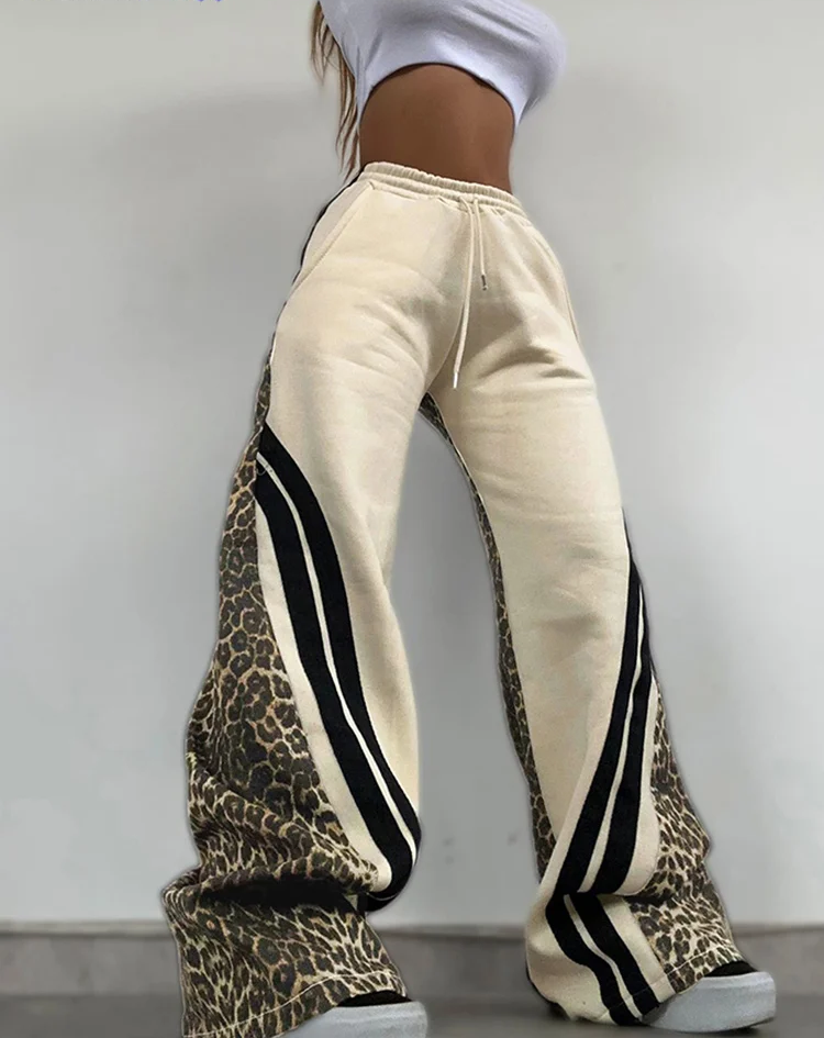 Side Stripe Women Flare Pants Autumn Hipster Leopard Patchwork Pocket Casual Wild Basic Street Sweatpants Trousers