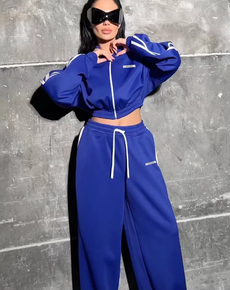 White Striped 2 Piece Set Women Sporty Zipper Crop Jacket+Shirring Waist Straight Pants Workout Activity Tracksuit