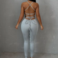 Fitness Casual Jumpsuit Women Backless Activity Tight Sporty Stretch Sleeveless Backless Shirring Bandage Overalls