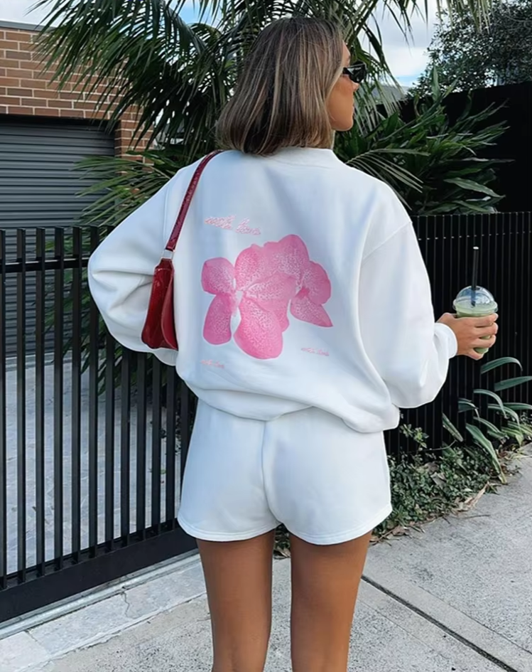 Letter Print Women Tracksuit Casual Fall Pullover Sweatshirt+Shorts Casual Sporty Matching Sstreetwear Simple Outfits