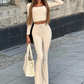 Solid Casual Women 2 Piece Set Autumn Trend Square Collar Long Sleeve Crop Tops+Drawstring Waist Pants Simple Suit