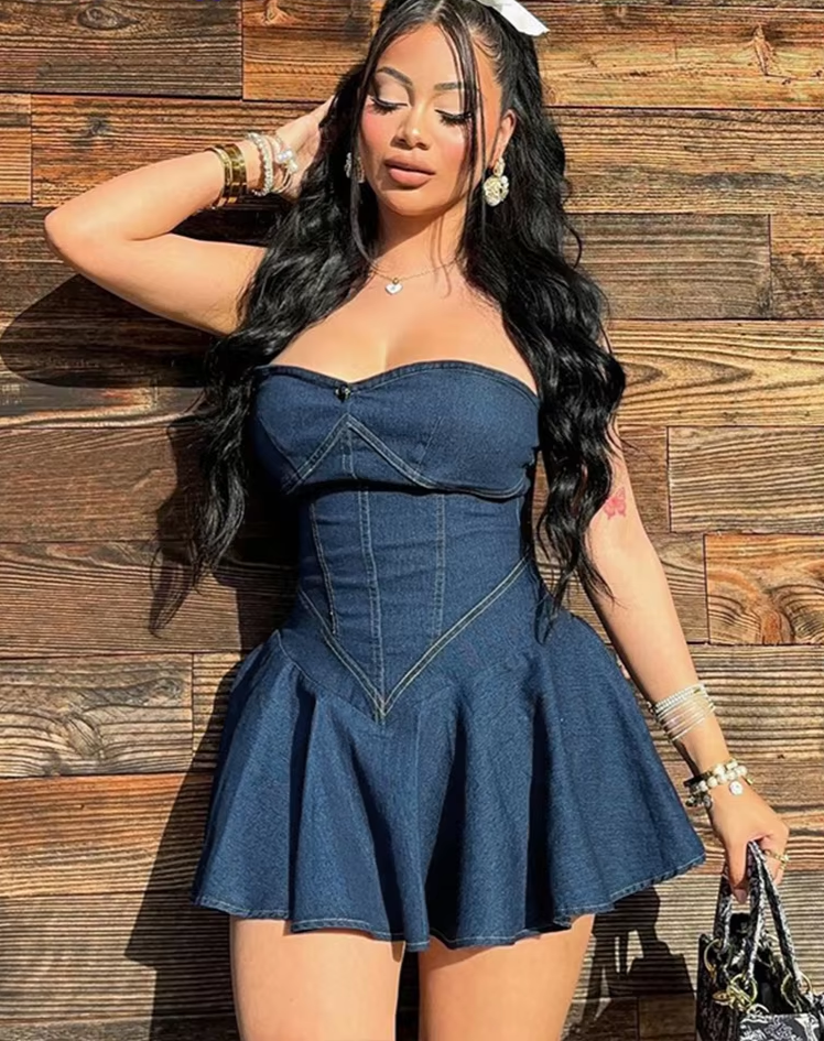 Fake Denim Strapless Sexy Dress Women Summer Trend Skinny Hipster Fashion Concert Birthday Party Clubwear Y2K Bodycon
