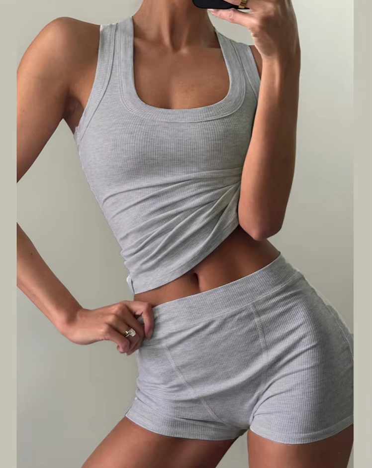 Ribbed Casual 2 Piece Set Women Tracksuit Sporty Square Collar Tank Tops+Shorts Streetwear Simple Matching Outfits