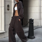 Casual Tracksuit Women 2 Piece Set Panelled Stripes Sporty Simple Hipster Hooded Zip Jacket+Wide Pants Matching Suits