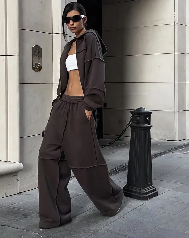 Casual Tracksuit Women 2 Piece Set Panelled Stripes Sporty Simple Hipster Hooded Zip Jacket+Wide Pants Matching Suits