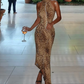 Hollow Plait Halter Dress Women Leopard Print Summer Sexy Backless Irregular Patchwork Hem Slim Vintage Prom Bodycon