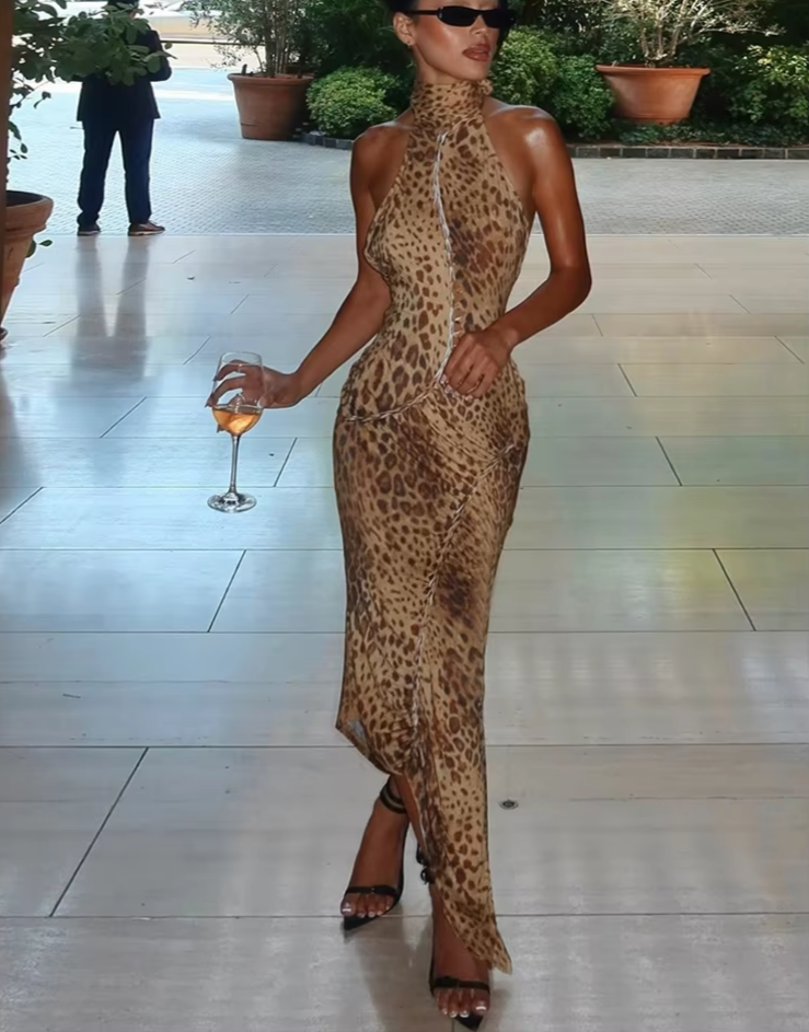 Hollow Plait Halter Dress Women Leopard Print Summer Sexy Backless Irregular Patchwork Hem Slim Vintage Prom Bodycon