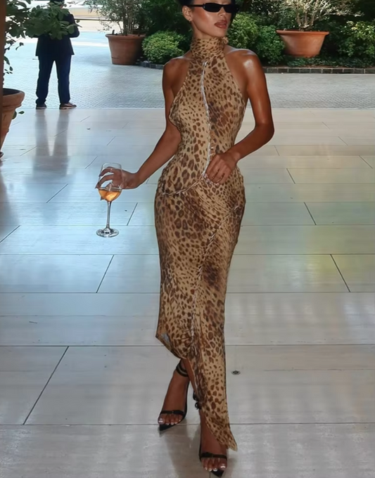 Hollow Plait Halter Dress Women Leopard Print Summer Sexy Backless Irregular Patchwork Hem Slim Vintage Prom Bodycon