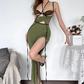 Hollow Halter Dress Women Summer Sexy Slit Irregular Trend Cross Bandage Patchwork Tassel Hem Slim Clubwear Bodycon