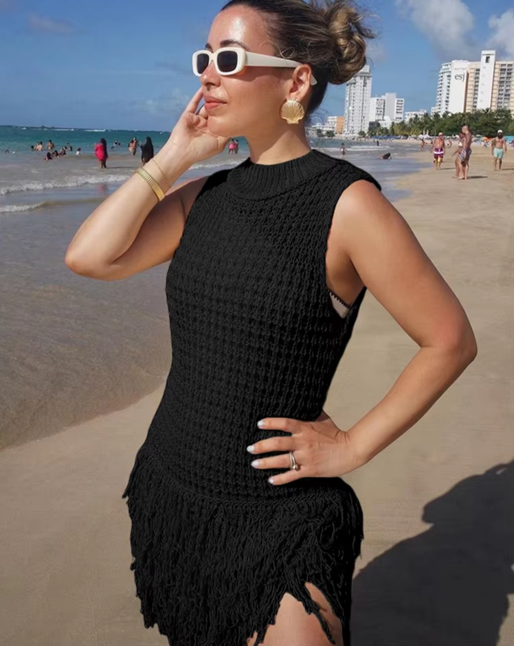 Crochet Dress Women Sexy Chic Y2K Summer Trend Tassel Hem Sleeveless Stretch Fashion Beach Vacation Clubwear Bodycon