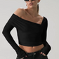 Pleat Irregular Crop Tops Women Skew Collar Full Sleeve Autumn Trend Solid Stretch Simple Streetwear Classic T-Shirts