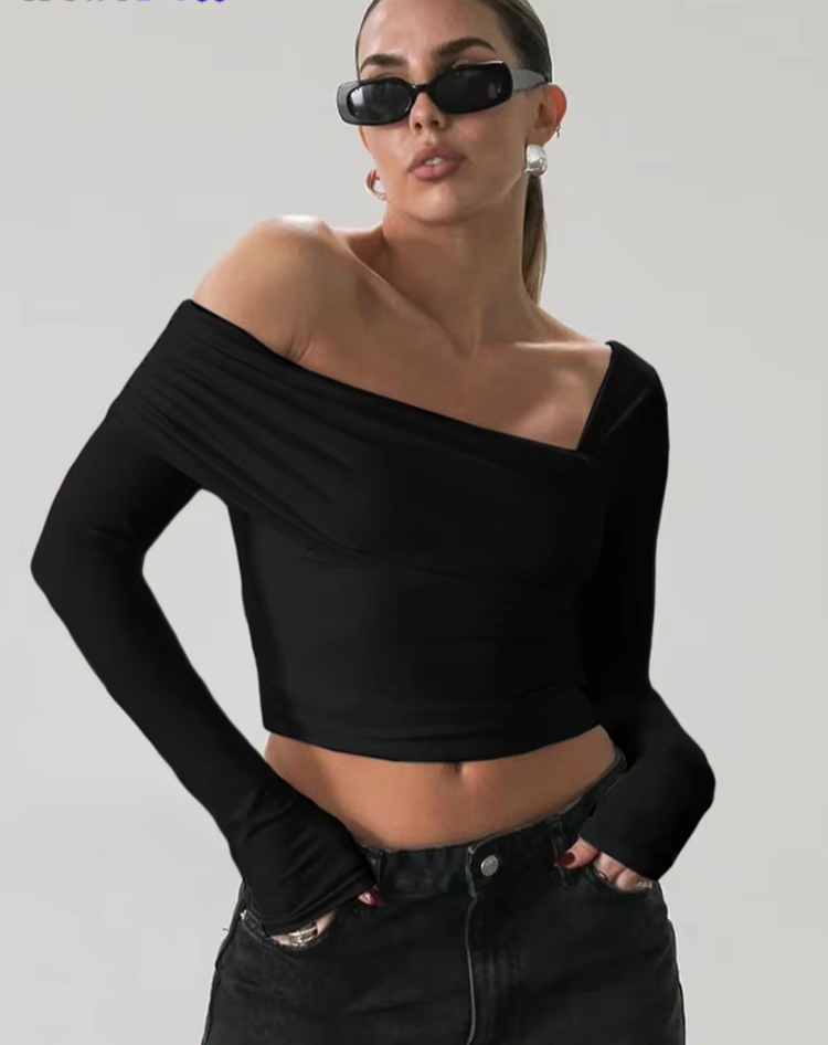 Pleat Irregular Crop Tops Women Skew Collar Full Sleeve Autumn Trend Solid Stretch Simple Streetwear Classic T-Shirts