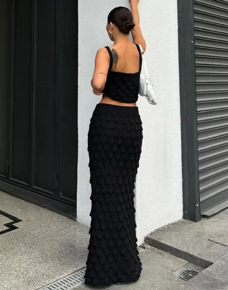 Knit Feather Print Women 2 Piece Set Tracksuit Stretch Chic Tank Tops+Long Skirts Matching Stretch Streetwear Outfits