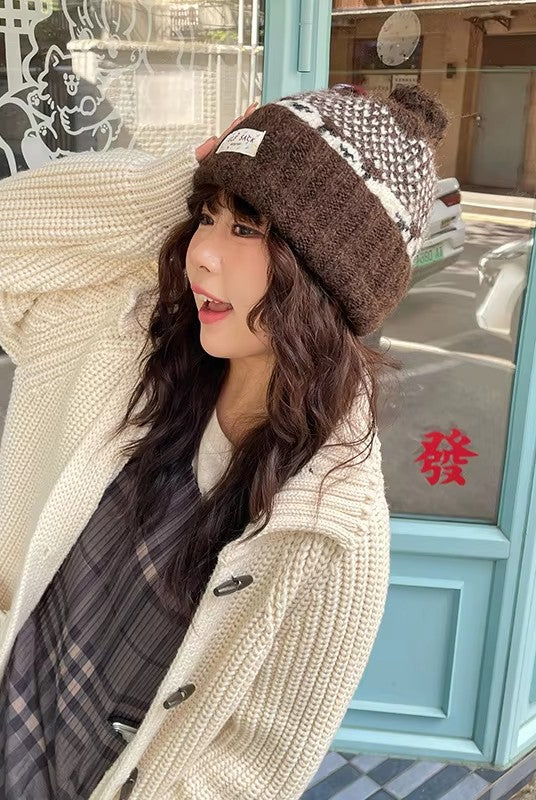 Casual Fair Isle Style Sheep Pattern Pom Pom Knit Beanie For Women
