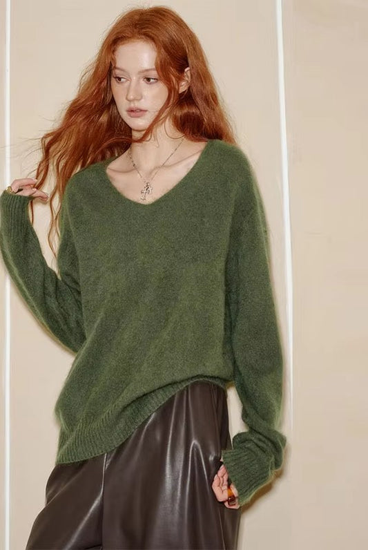 Casual Oversized V-Neck Wool Sweater with Multiple Color Options, Warm Soft Knit Long Sleeve Solid Top for Women