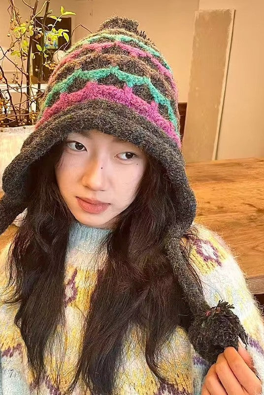 Casual Warm Striped Colorful Pom Pom Beanie For Women