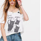 Cat Print Asymmetric T-Shirt, Letter Graphic Layered Tee, Short Sleeve Casual Top for Women