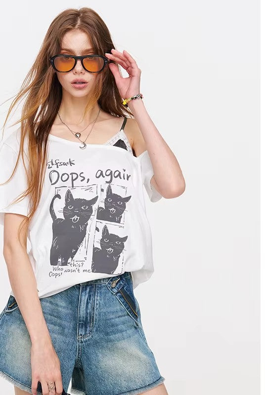 Cat Print Asymmetric T-Shirt, Letter Graphic Layered Tee, Short Sleeve Casual Top for Women
