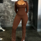 Casual Elegant 2 Piece Set Women Full Sleeve Shawl+Solid Square Collar Sleeveless Skinny Jumpsuit Daily Trend Suit