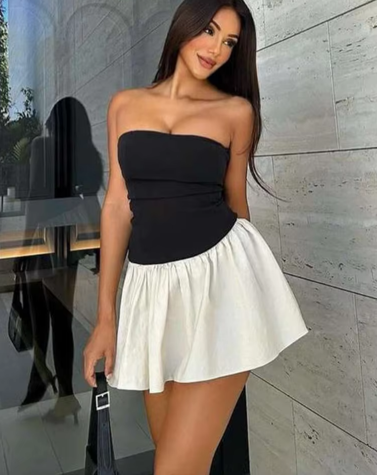 Strapless Women Dress  A Line Pleated Sexy Patchwork Off Shoulder Contast Color Elastic Robe Birthday Party Clubwear