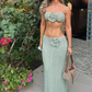 Crochet Applique 2 Piece Set Women Chest Wrap Lace-Up Camisole+Skinny Solid Stretch Long Skirts Matching Elegant Suit