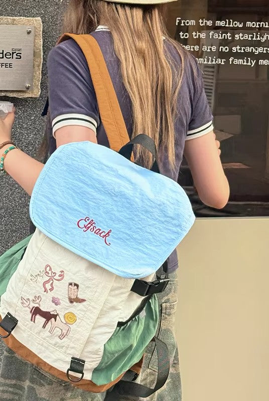 Color‑Block Lightweight Drawstring Backpack with Cartoon Animal Print, Casual Daypack for Outdoor Travel