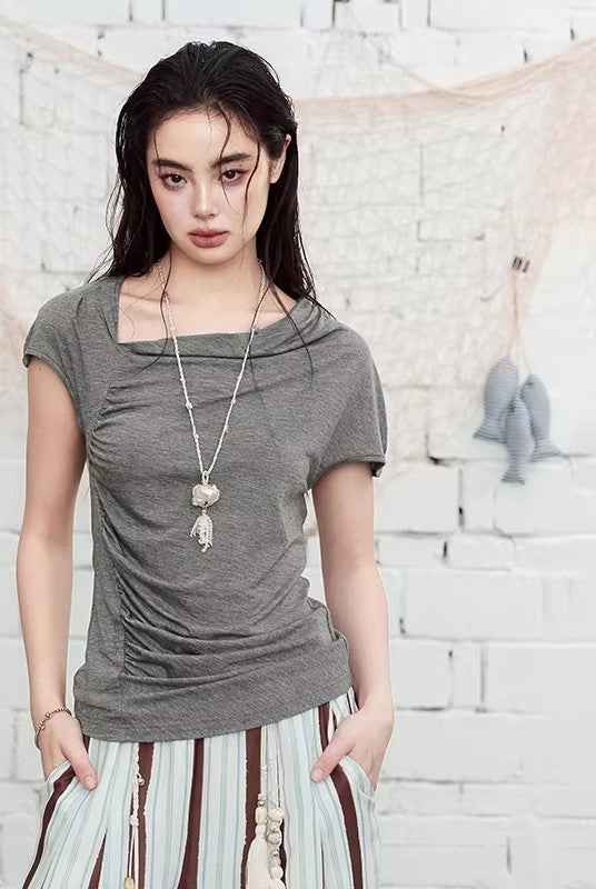 Cowl Neck Ruched Fitted T-Shirt, Draped Front Short Sleeve Top