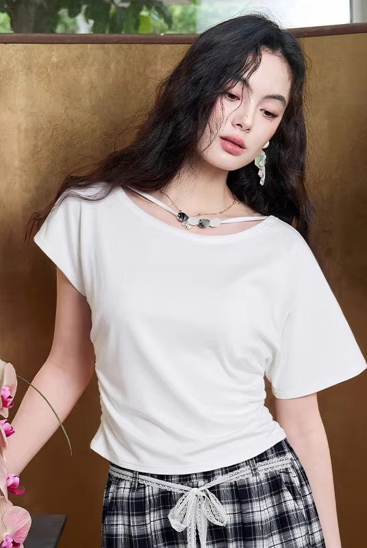 Cowl Neck Ruched T-shirt, Slim Fit Short Sleeve Tee, Casual Solid Color Summer Top for Women