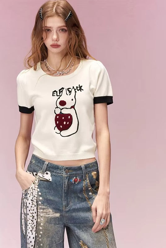 Cute Embroidered Crop Top for Women, Cartoon Knit T-Shirt with Black Cuffs, Perfect for Street Style & Casual Outfits