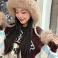 Cute Fair Isle Plush Lining Strap Pom Pom Knit Beanie For Women