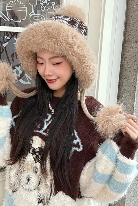 Cute Fair Isle Plush Lining Strap Pom Pom Knit Beanie For Women