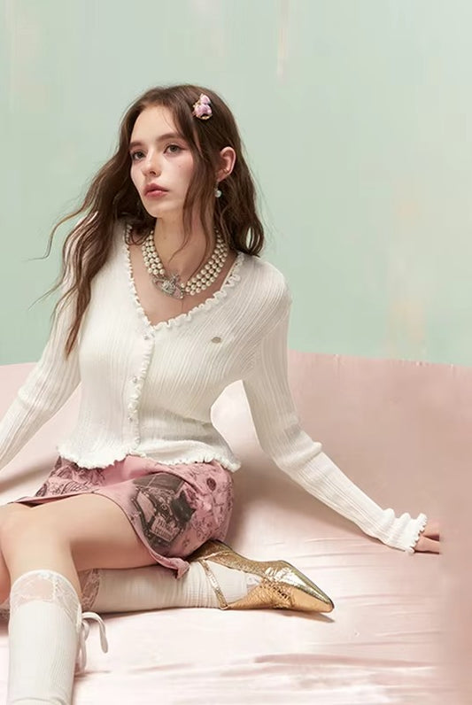 Cute Knit Cardigan with Ruffled Trim & Ribbed Texture, Cropped Frill Edge Button Down Sweater, Preppy Slim Tops for Wome