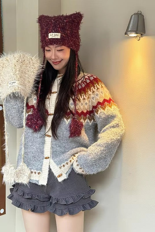 Cute Mohair Cat Ear Star Knit Beanie For Women