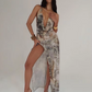 Snake Print Backless Dress Women Peach Buttocks Split Swing Collar Cirque Sexy Vintage Sleeveless Summer Long Bodycon