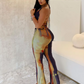 Backless Waistless Jumpsuit Women See Through Sleeveless Colorful Skinny Metal Buckle Hollow Halter Sexy Overalls