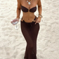 Crochet 4 Piece Set Solid Full Sleeve Crop Tops+Bikini Tops+Panties+Long Skirts Sexy Beach Style Vacation Clubwear