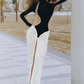 Contrast Patchwork Dress Women Turtleneck Full Sleeve Pleat Slits Hem Autumn Trend Stretch Streetwear Maxi Bodycon