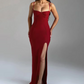 High Split Dress Women Y2K Classic Skinny Spaghetti Strap Solid Low-Neck Elegant Birthday Party Stretch Long Bodycon