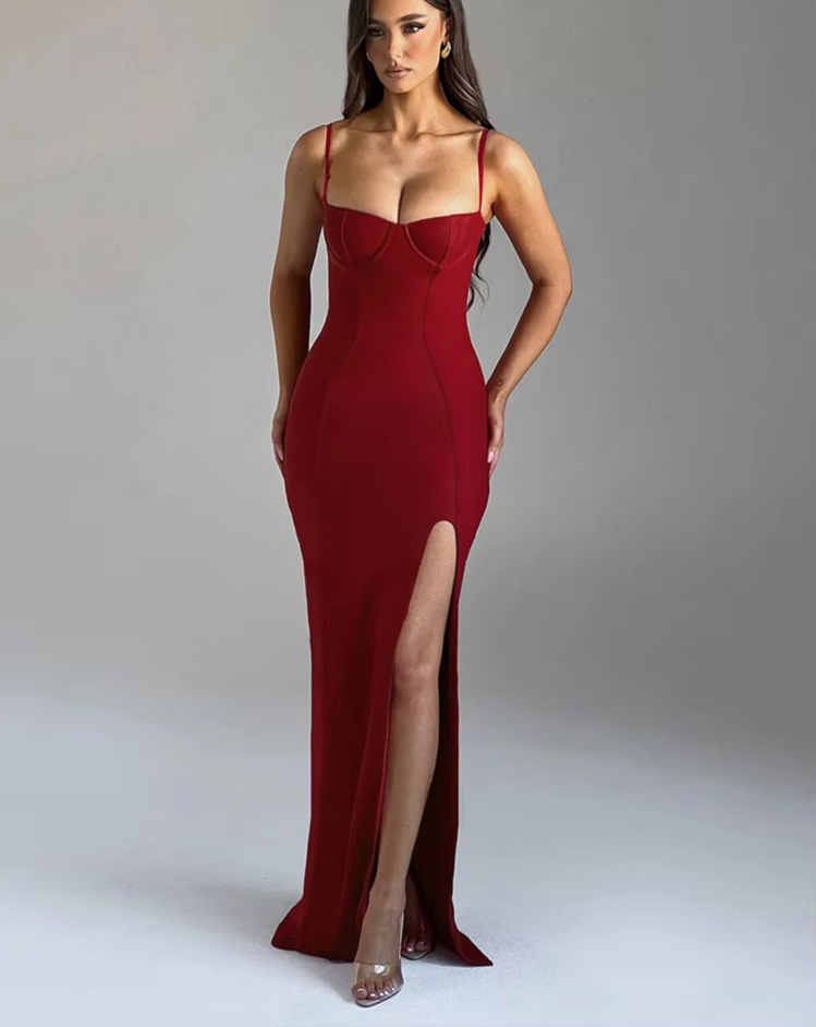 High Split Dress Women Y2K Classic Skinny Spaghetti Strap Solid Low-Neck Elegant Birthday Party Stretch Long Bodycon